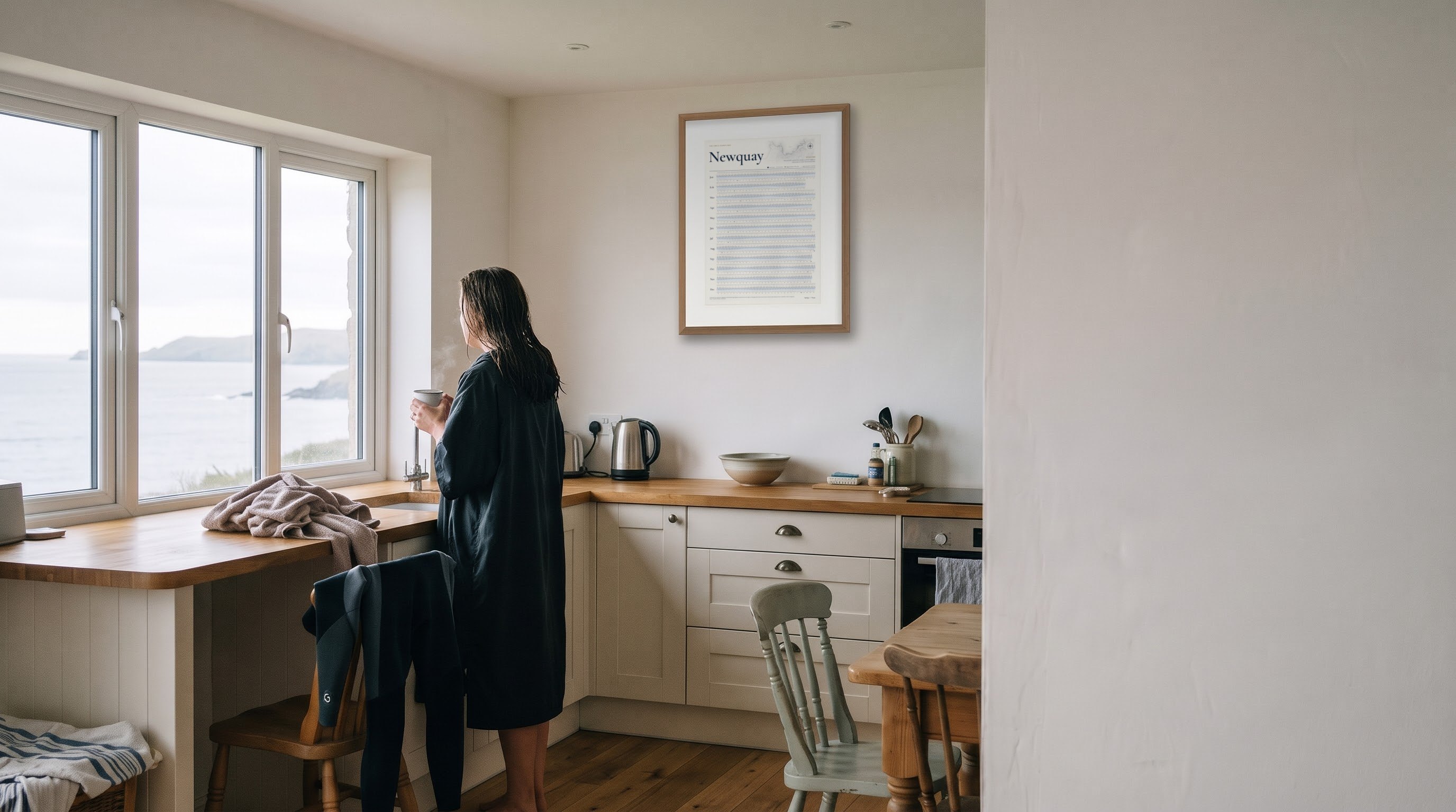 After a swim, a woman in a changing robe holds a mug at the kitchen window, a Newquay tide poster on the wall